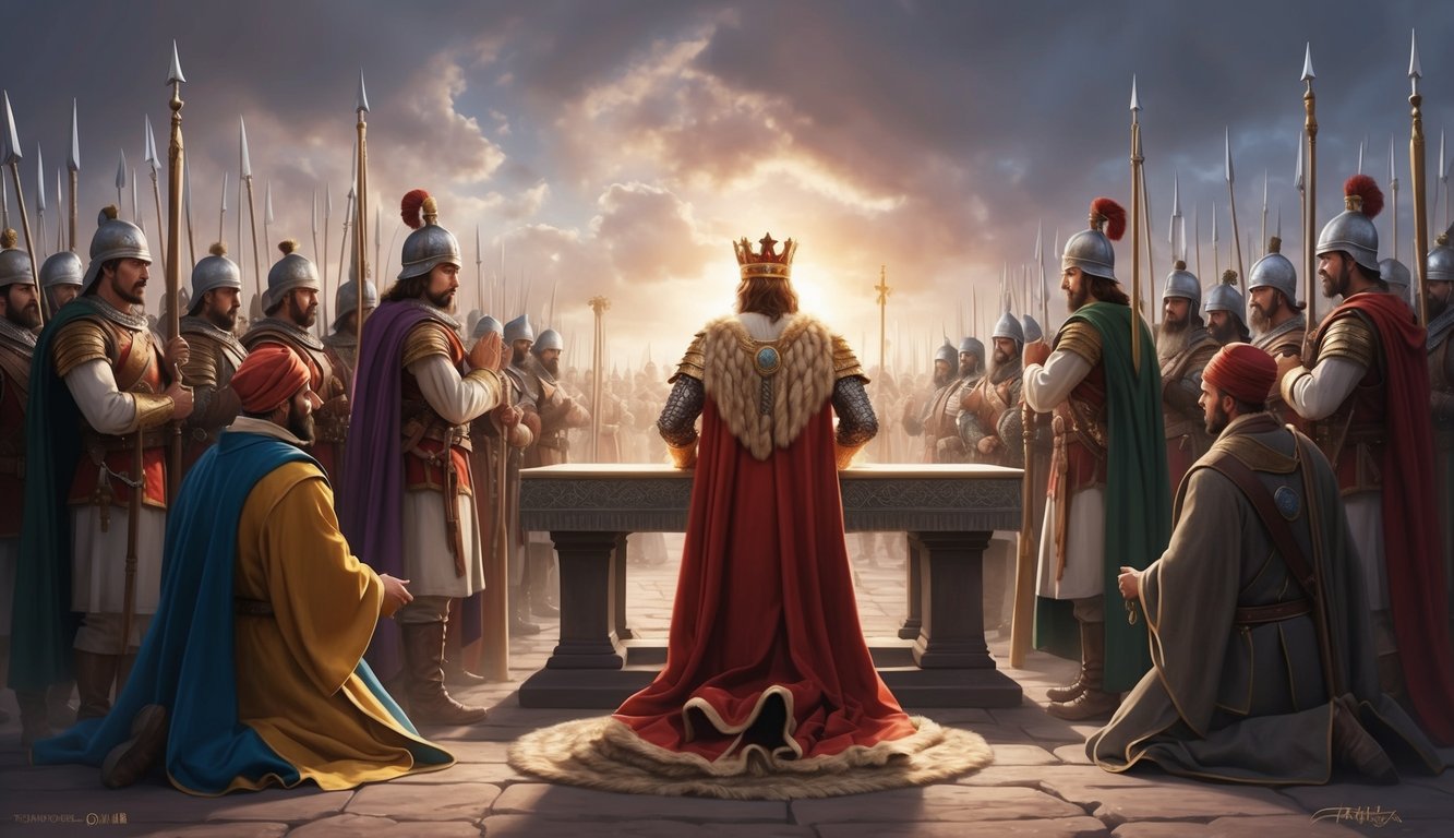 A king kneeling before an altar, surrounded by his army and priests, seeking divine favor before battle