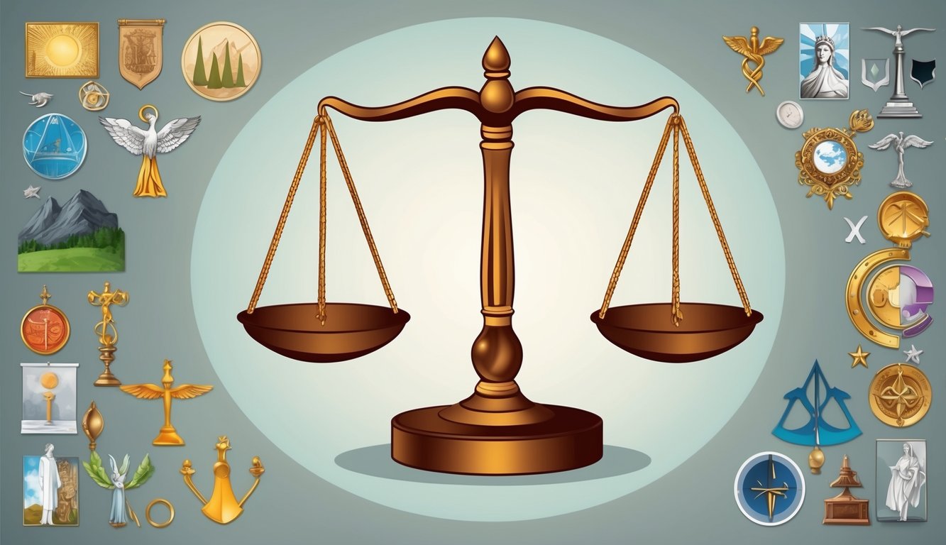 A scale with a balanced and unbalanced side, surrounded by diverse symbols and imagery representing different moral and ethical beliefs