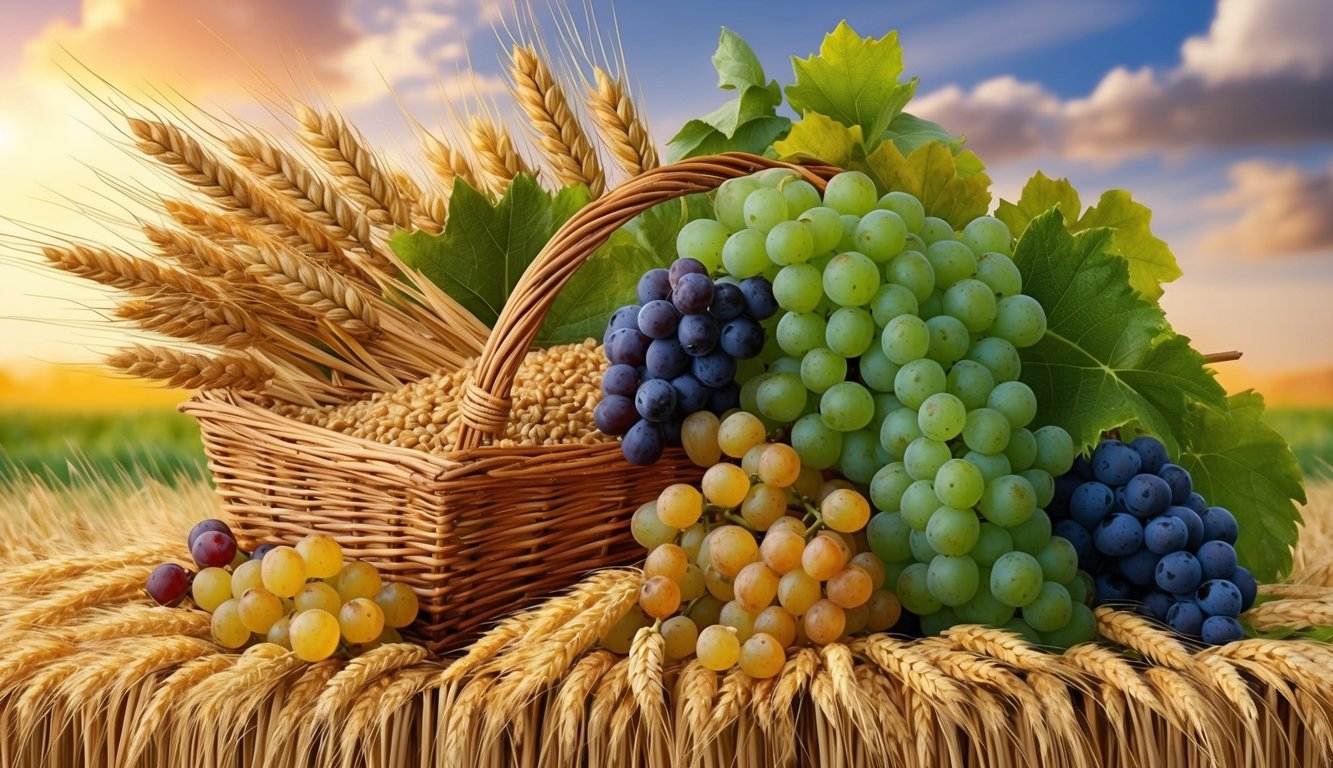 A bountiful harvest of wheat and grapes, overflowing with abundance and prosperity