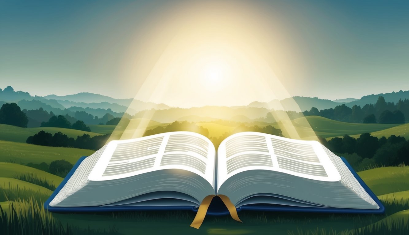 A serene landscape with an open book surrounded by a soft glow of light, symbolizing the copyright and publication of the NIV Bible