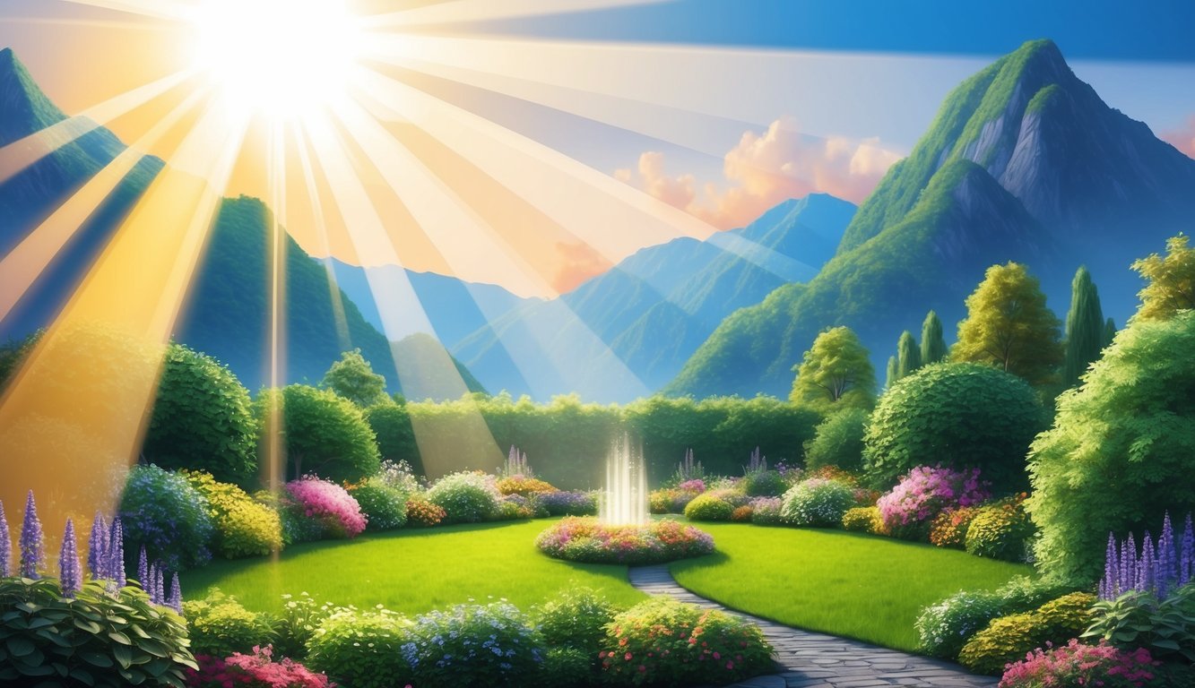 A radiant beam of light shining down onto a peaceful, flourishing garden surrounded by towering mountains