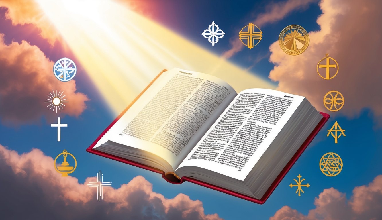 A beam of light shining down from the sky onto an open book, surrounded by symbols of different religions