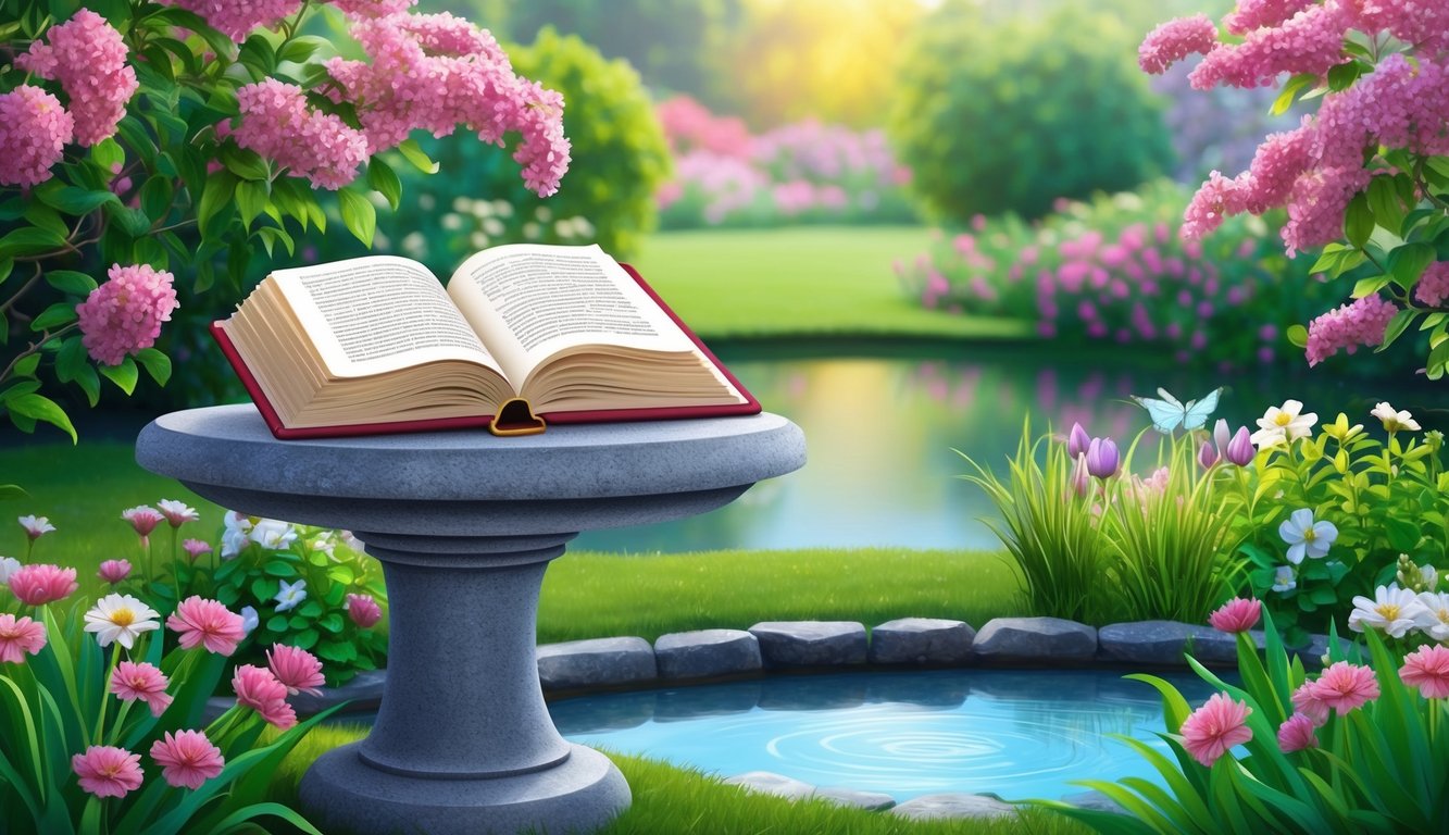 A serene garden with an open book on a stone pedestal, surrounded by blooming flowers and a tranquil pond