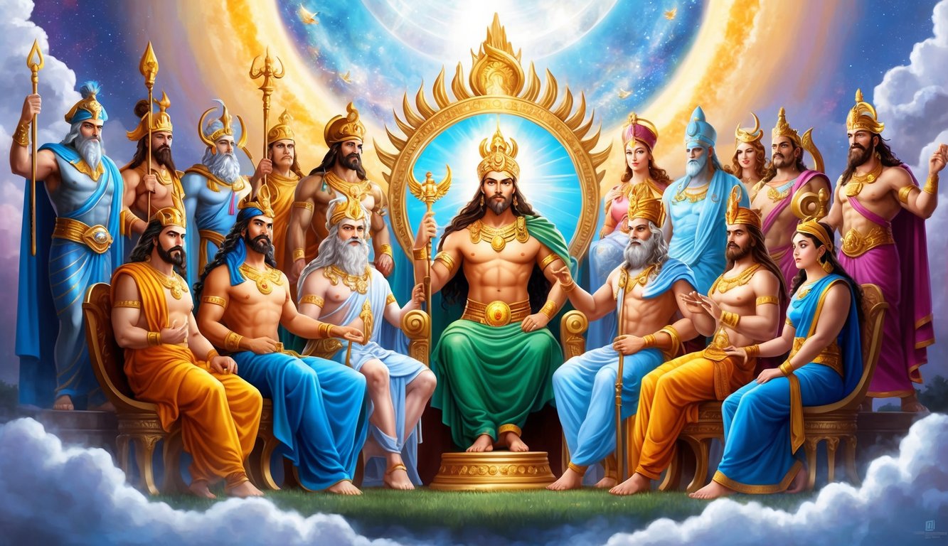 A pantheon of gods gathered around a celestial throne.</p><p>Each deity exuding power and wisdom, with distinct symbols and attributes