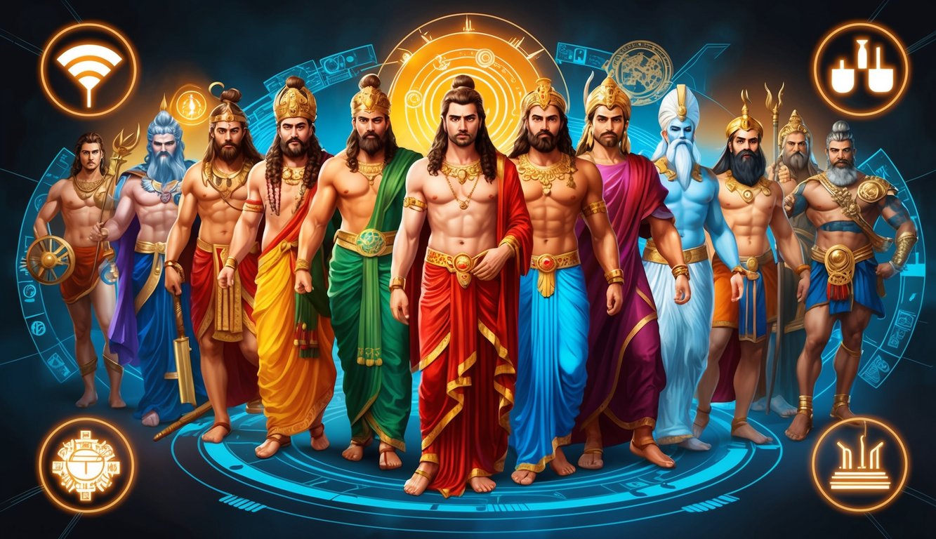 A pantheon of diverse gods surrounded by symbols of modern technology and cultural influence