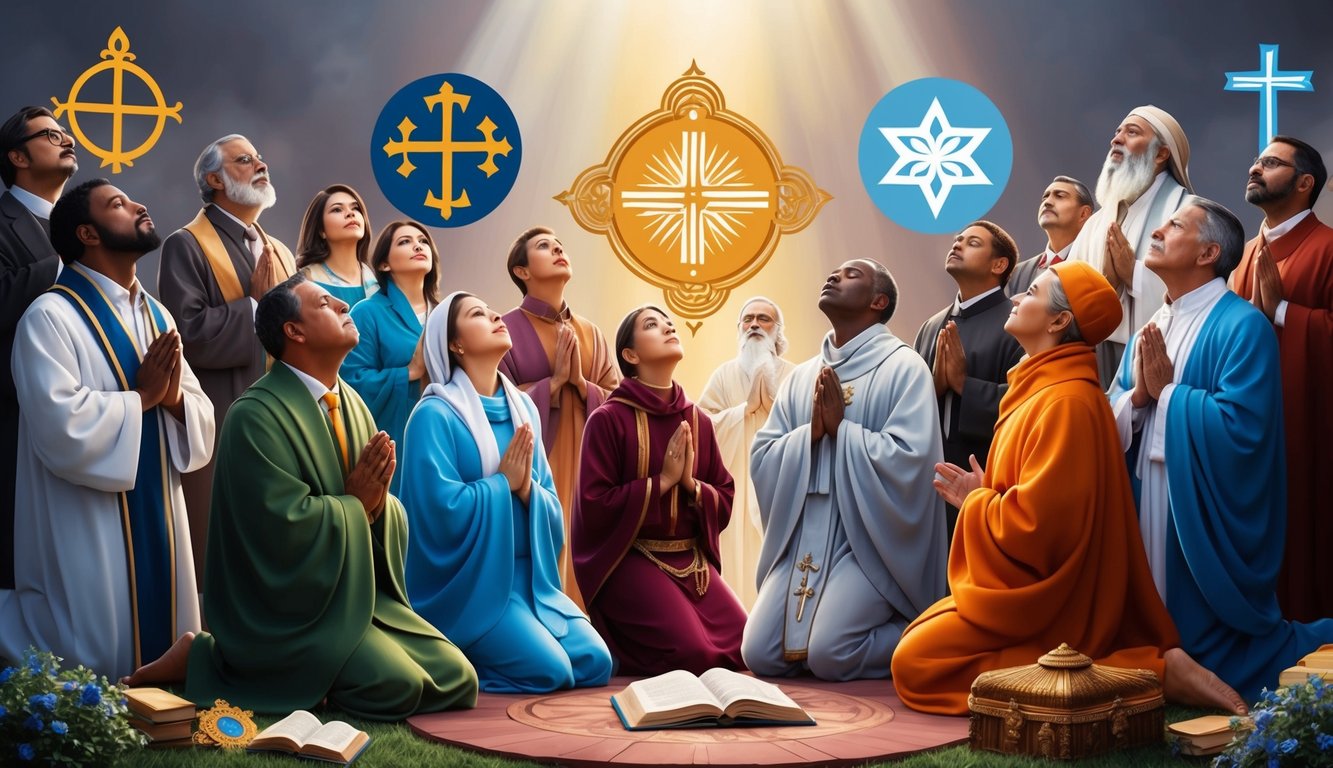 A group of diverse figures surrounded by symbols of different religions, looking up in contemplation