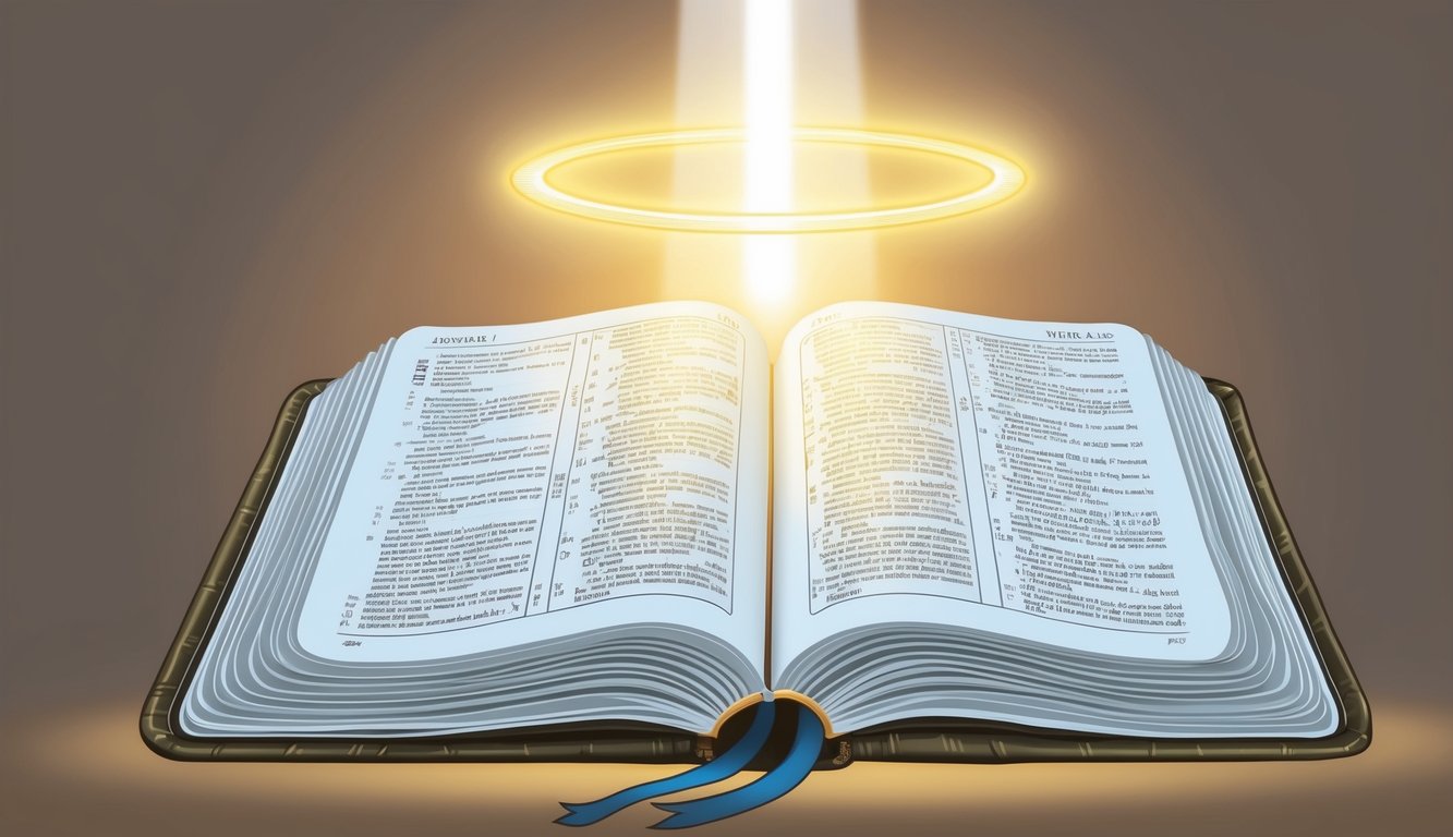 A glowing halo hovers above open pages of a Bible, surrounded by a beam of light