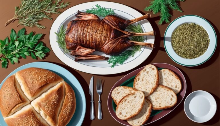 Roasted duck with bread, herbs, and side dishes on a brown table