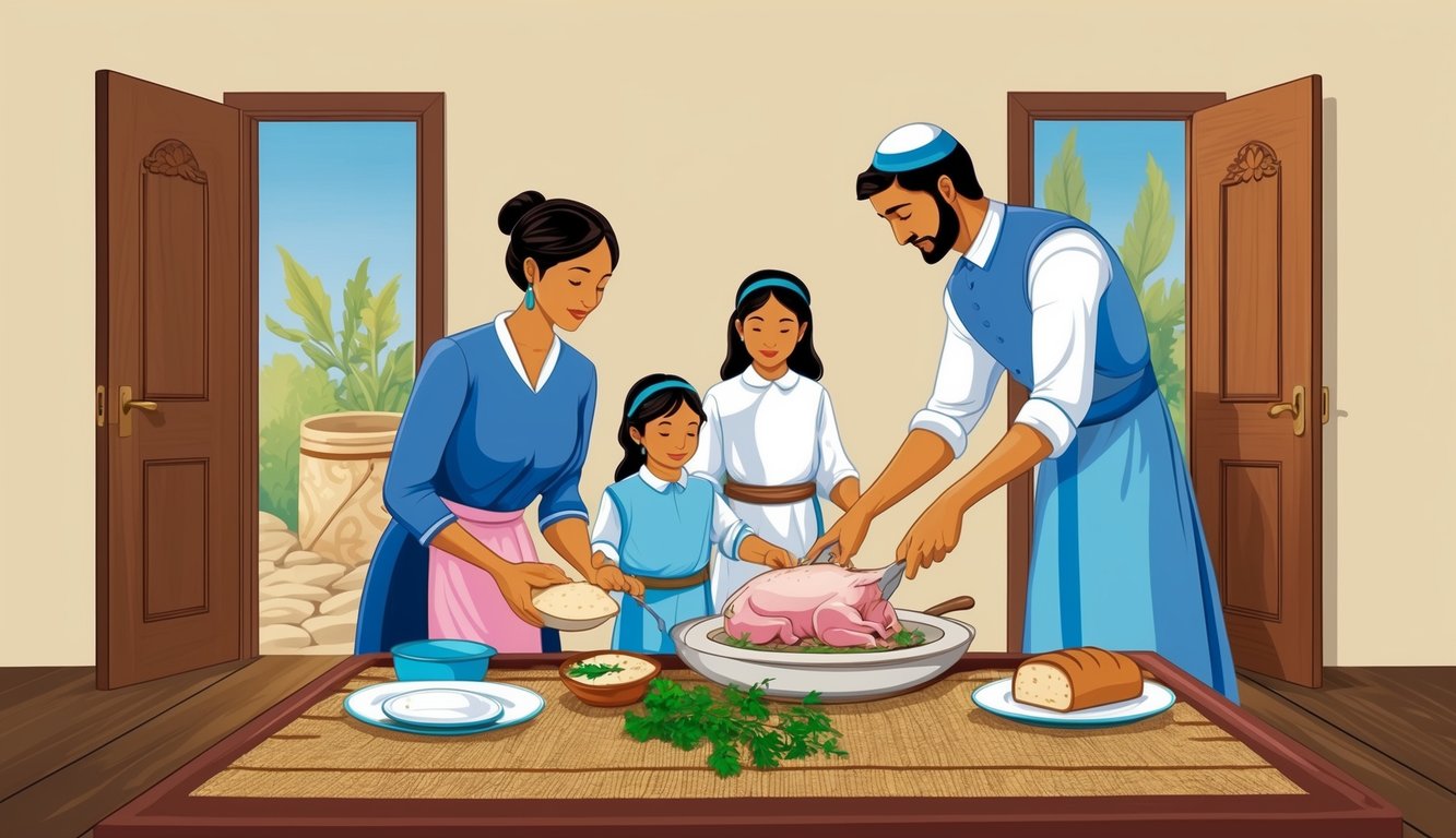 A family prepares a lamb, unleavened bread, and bitter herbs for Passover.</p><p>They mark their doorposts with blood