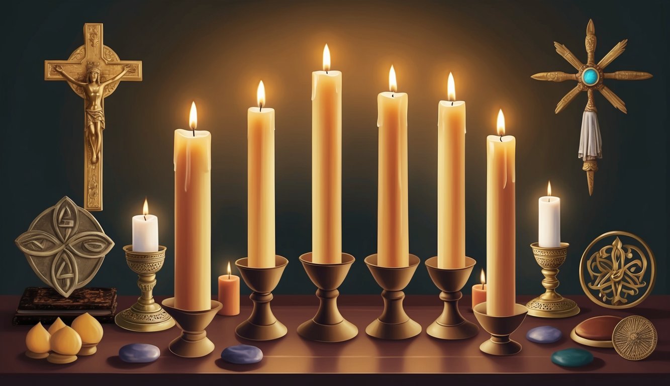 A serene candle-lit altar with nine lit candles, surrounded by symbols of healing and historical religious artifacts