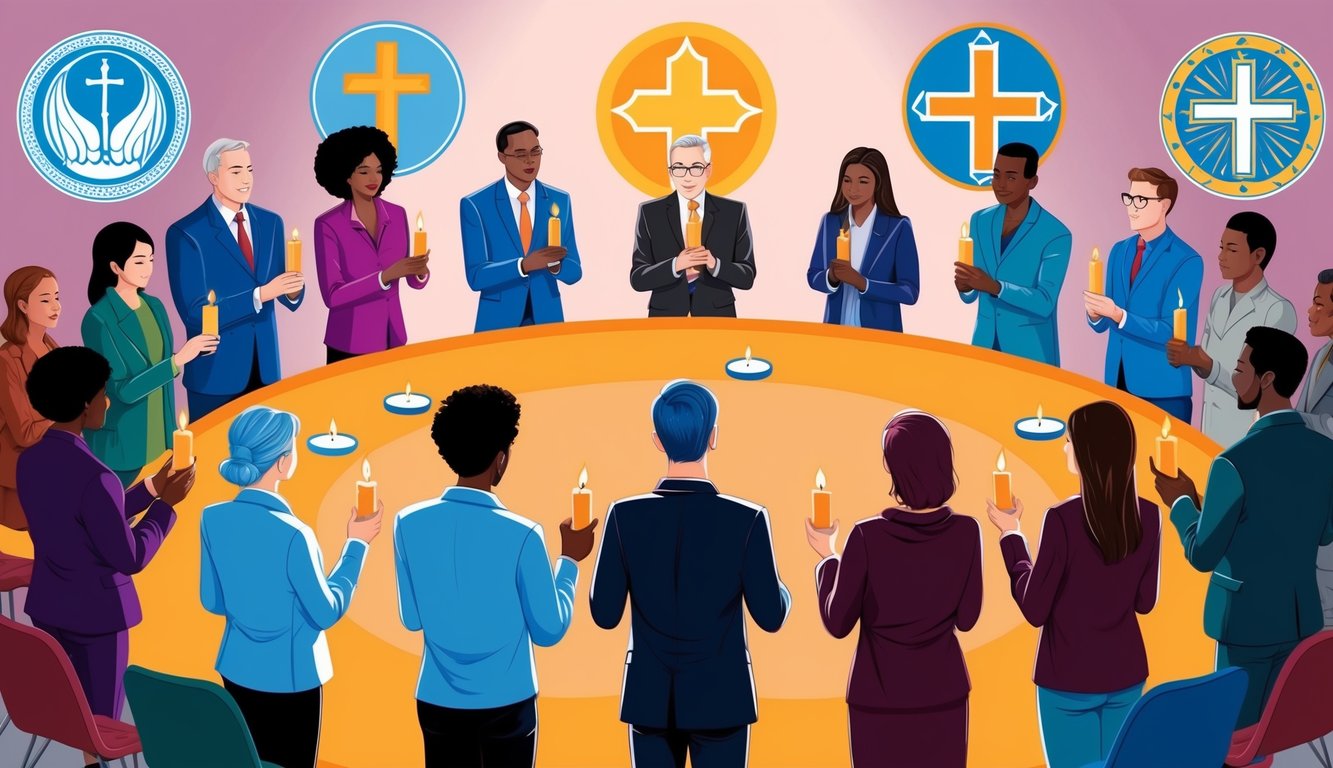 A group of diverse individuals holding candles in a circle, surrounded by symbols of different faiths, praying for healing