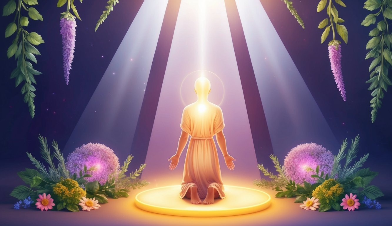 A serene figure kneels before a glowing altar, surrounded by healing herbs and flowers, while rays of light stream down from above