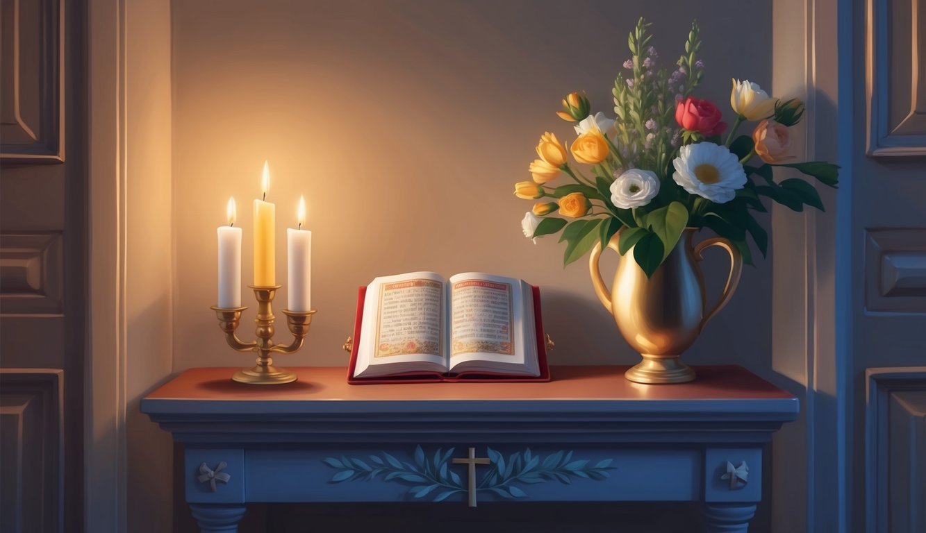 A serene candlelit room with a small altar holding a novena prayer book and a vase of fresh flowers