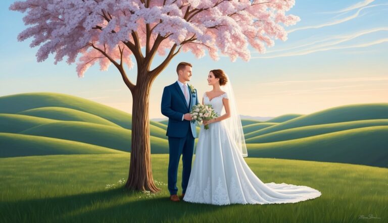 Bride and groom under a flowering tree on a green hillside