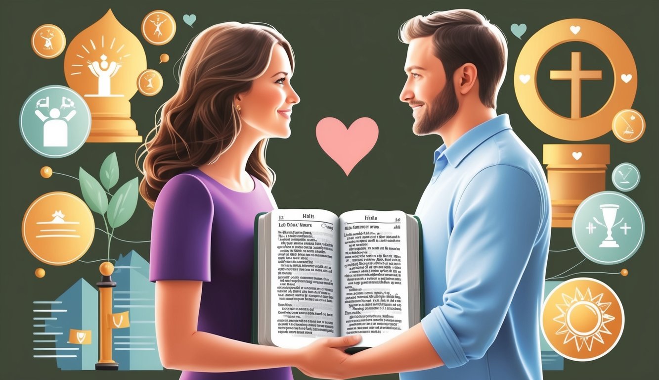 A couple standing together, facing each other, surrounded by symbols of challenges and triumphs, with a Bible open to verses about marriage