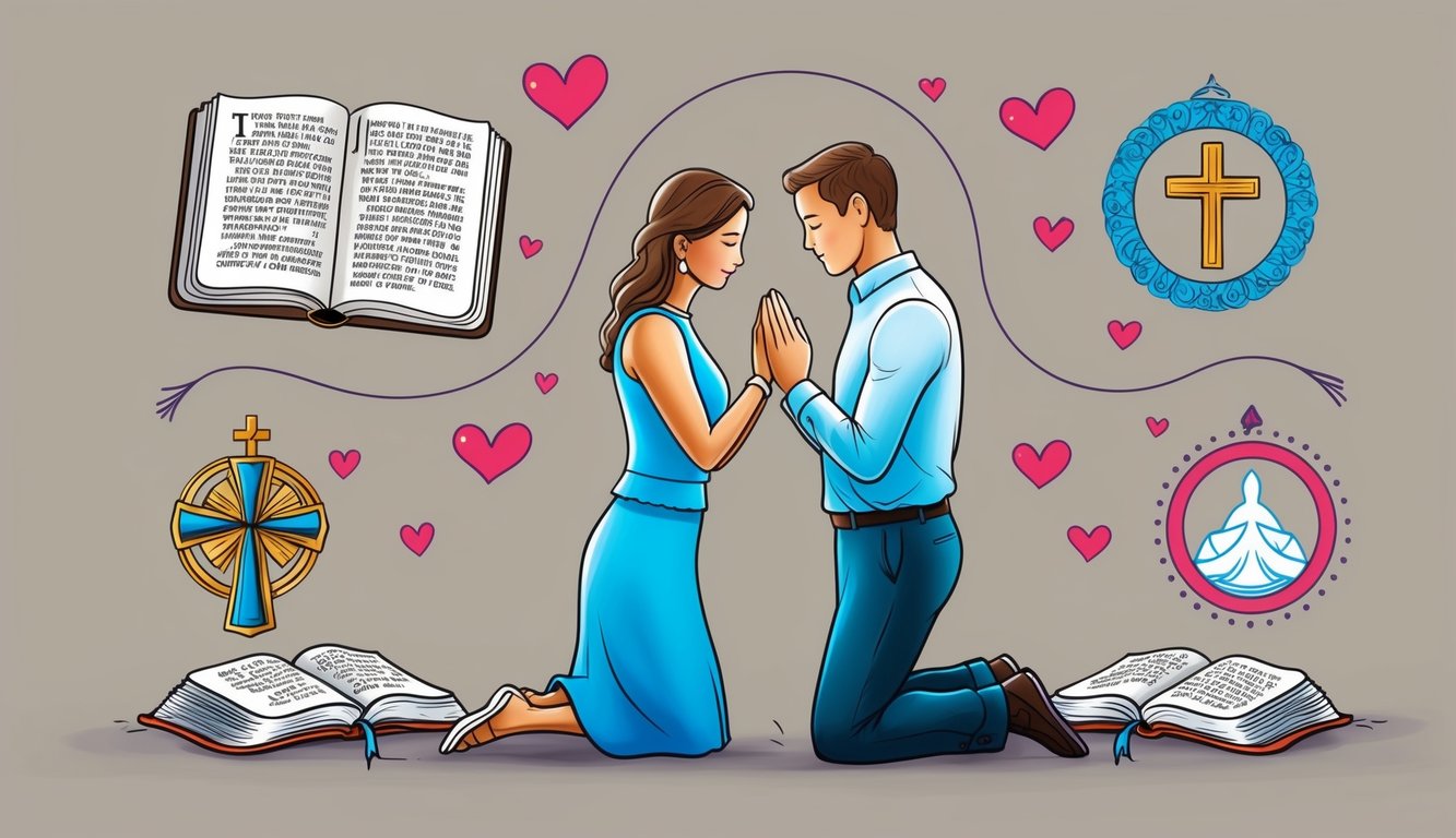 A couple kneeling in prayer, surrounded by symbols of faith and love, with a Bible open to verses about marriage