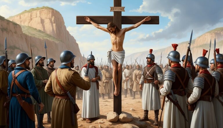 Jesus Christ crucified on a cross, surrounded by Roman soldiers