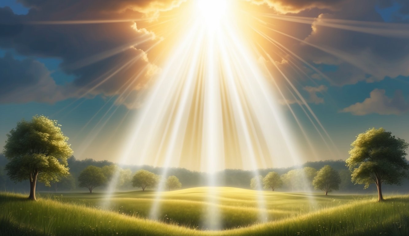 A powerful beam of light shining down from the heavens, casting a protective glow over a serene landscape