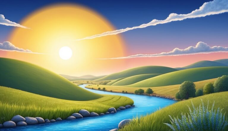 Scenic landscape with river, rolling hills, and a large sun in the sky