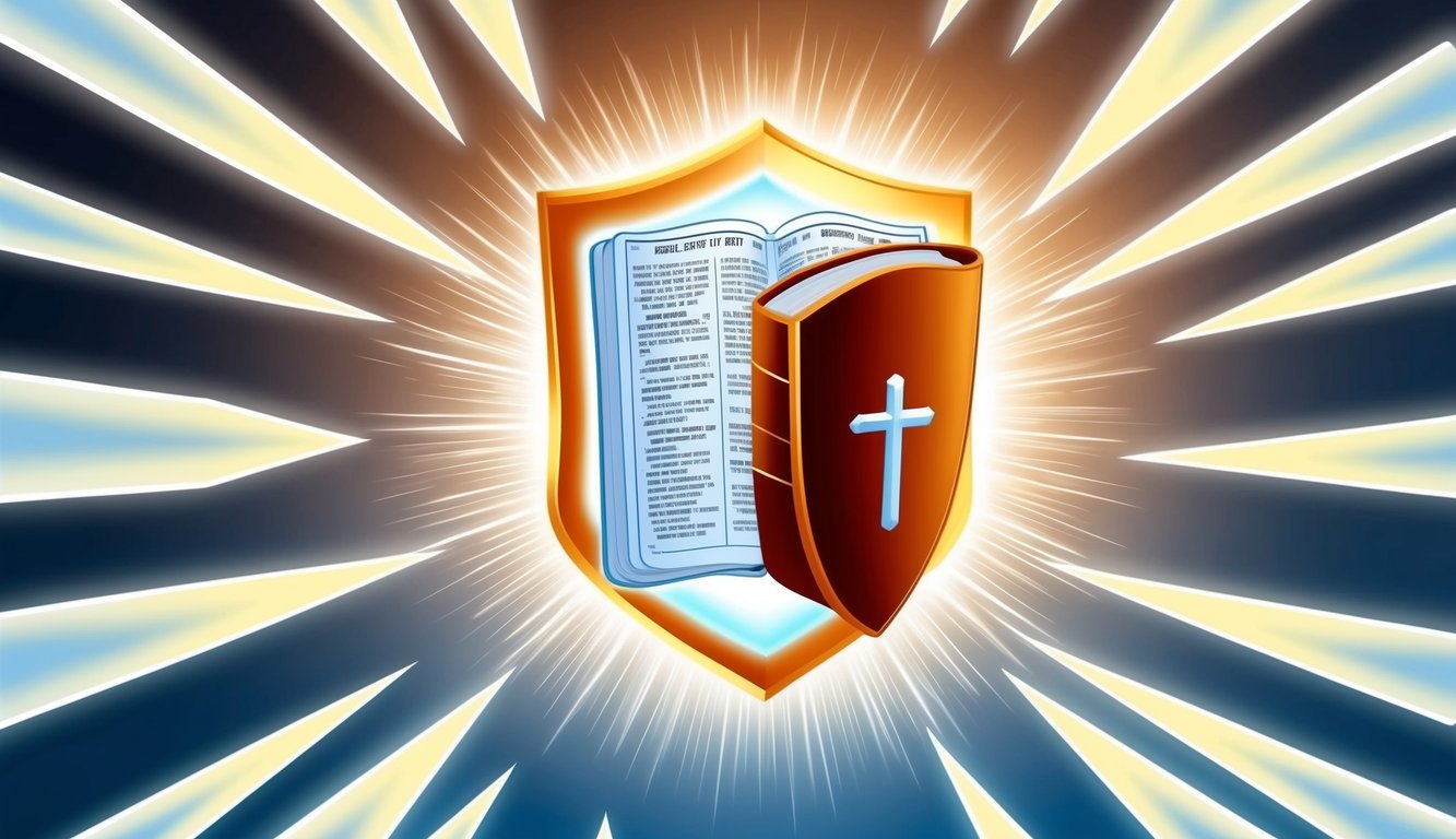 A glowing shield surrounded by beams of light, with a Bible open to verses about protection hovering above it