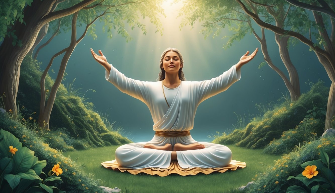 A serene figure surrounded by nature, with arms outstretched in a gesture of praise and gratitude