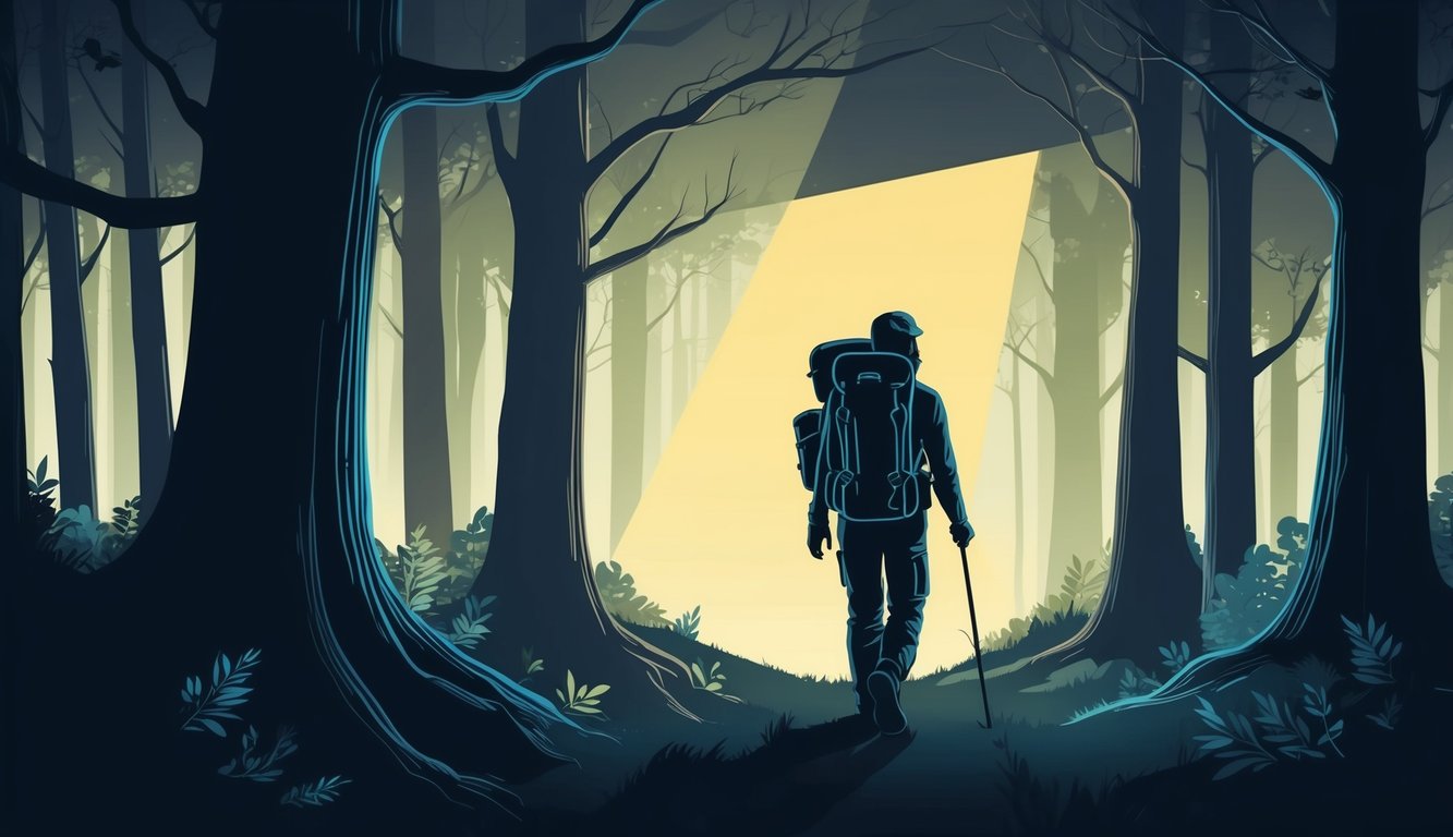 A traveler walking through a dark forest, shielded by a beam of light breaking through the trees