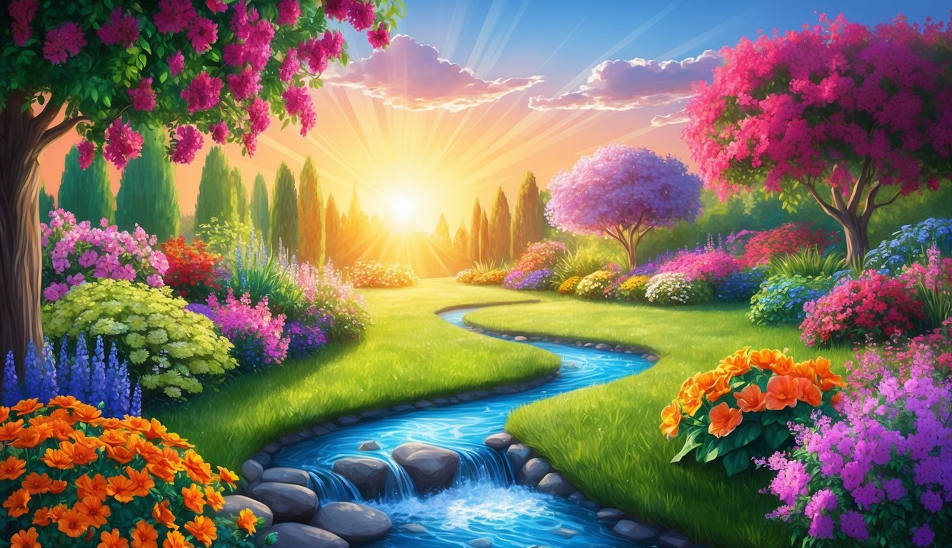 A blooming garden with vibrant flowers, a flowing stream, and a radiant sunrise