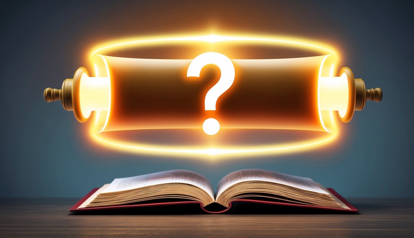 A glowing halo of light surrounds a scroll with a symbol of a question mark, floating above a book