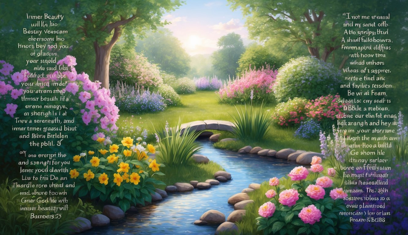 A serene garden with blooming flowers and a peaceful stream, surrounded by verses from the Bible about inner beauty and strength