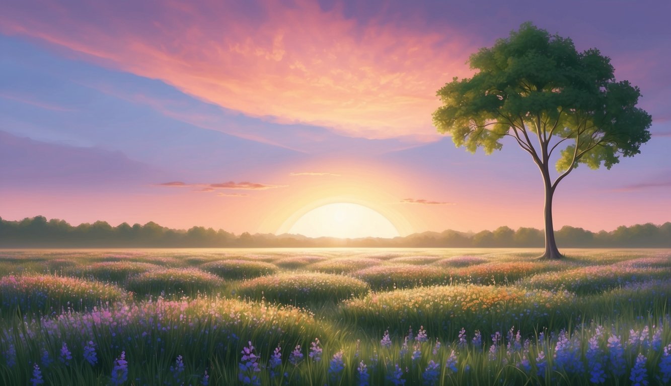 A vibrant sunrise over a calm, blooming meadow with a single tree reaching towards the sky