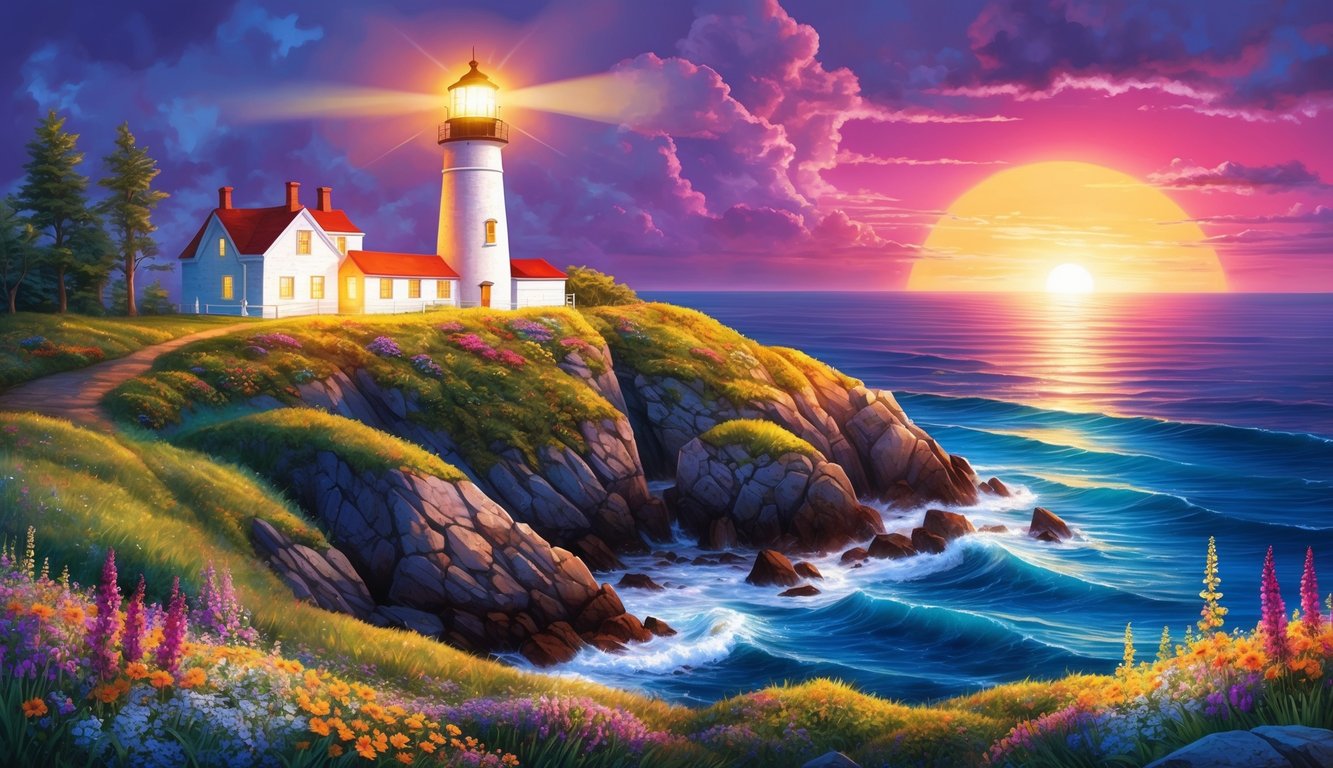 A glowing lighthouse on a rocky cliff, surrounded by colorful wildflowers and a vibrant sunrise over the ocean