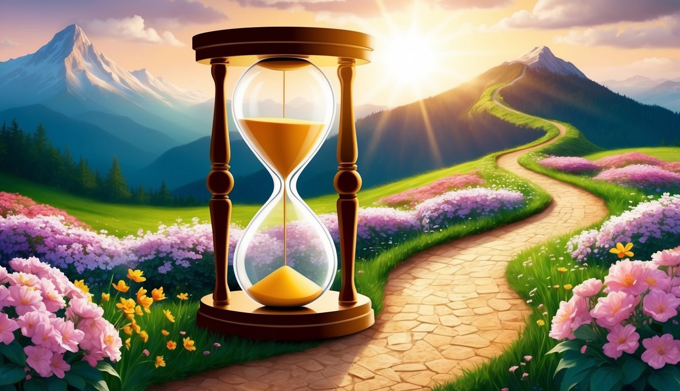 A sunlit hourglass surrounded by blooming flowers and a winding path leading to a distant mountaintop