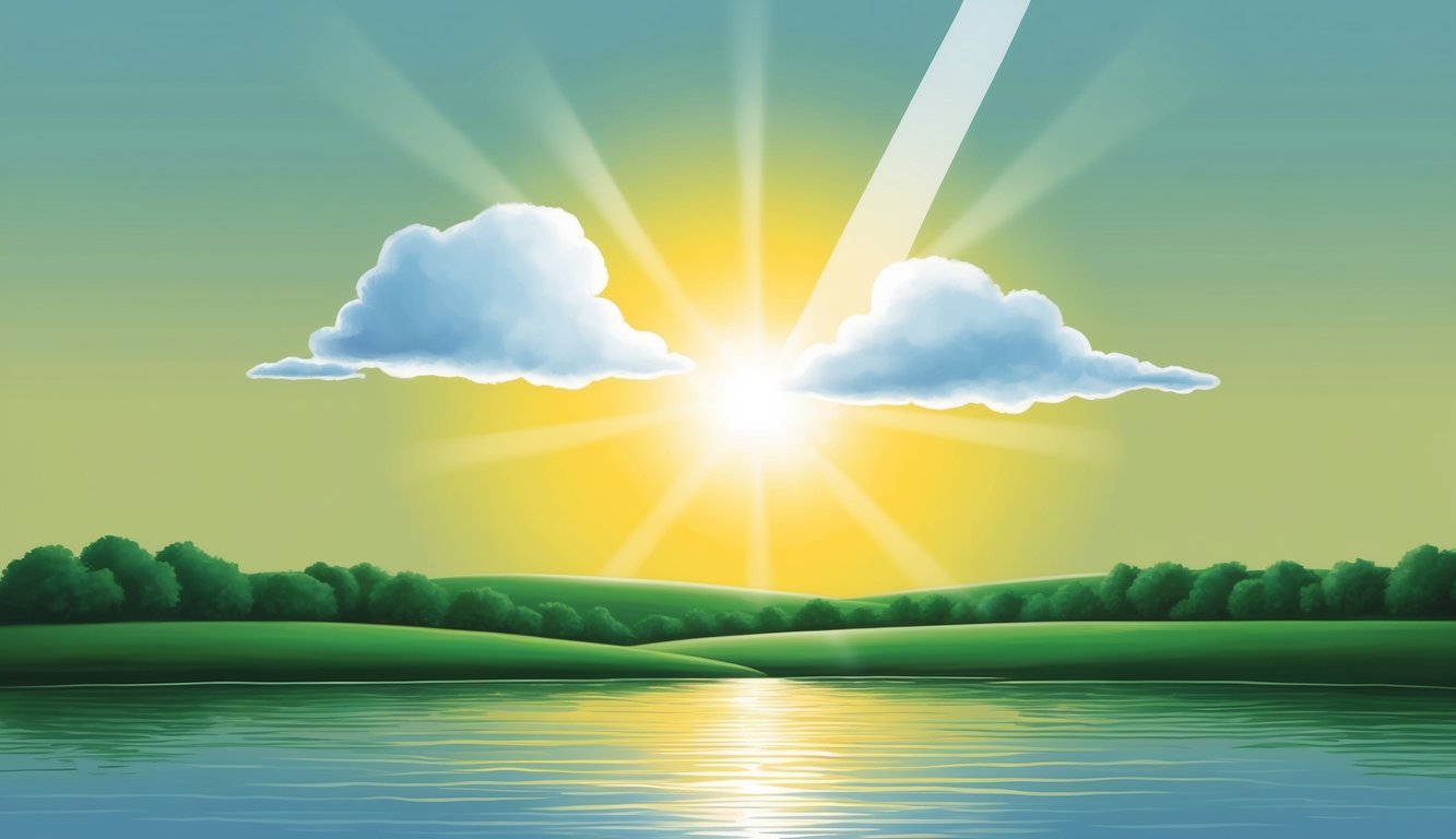 A bright sunrise over a calm, green landscape, with a beam of light shining through the clouds, symbolizing hope and optimism