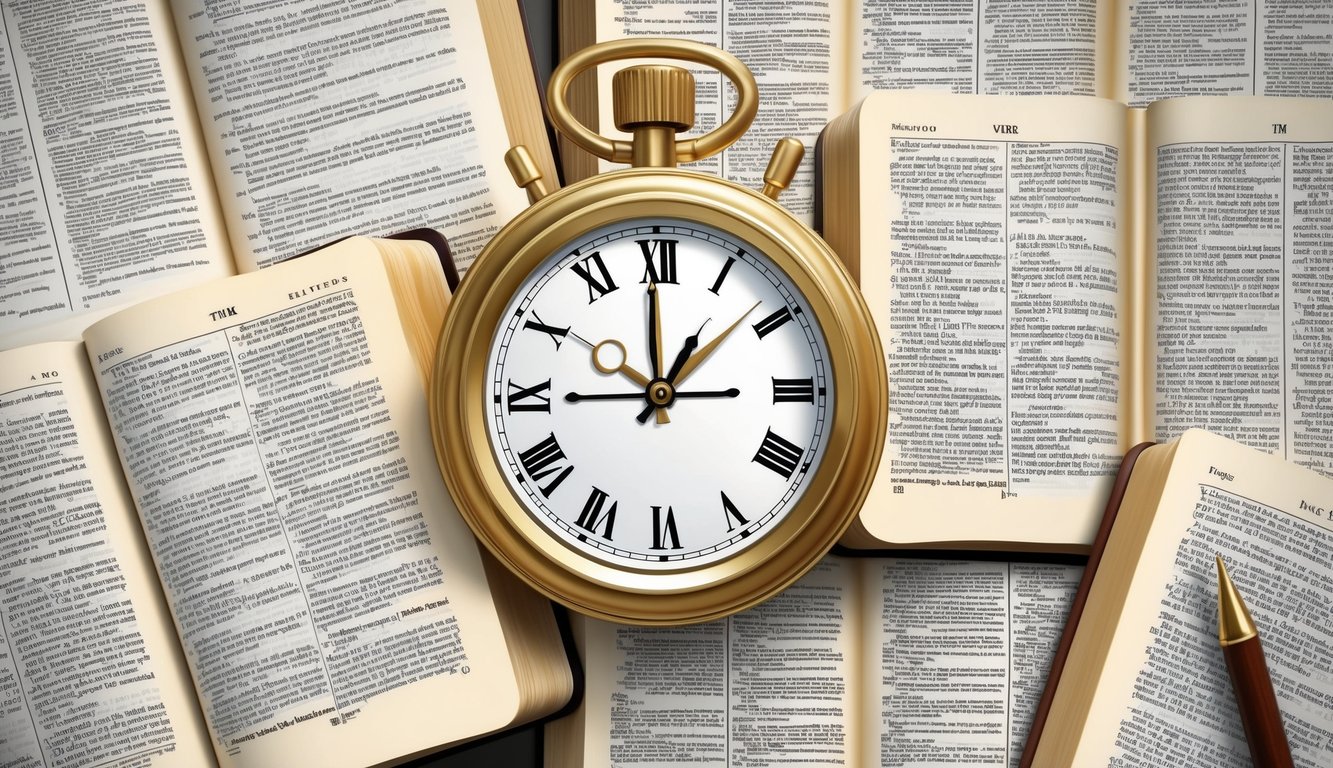 A clock surrounded by pages of a bible, with verses highlighted, symbolizing the search for answers about time