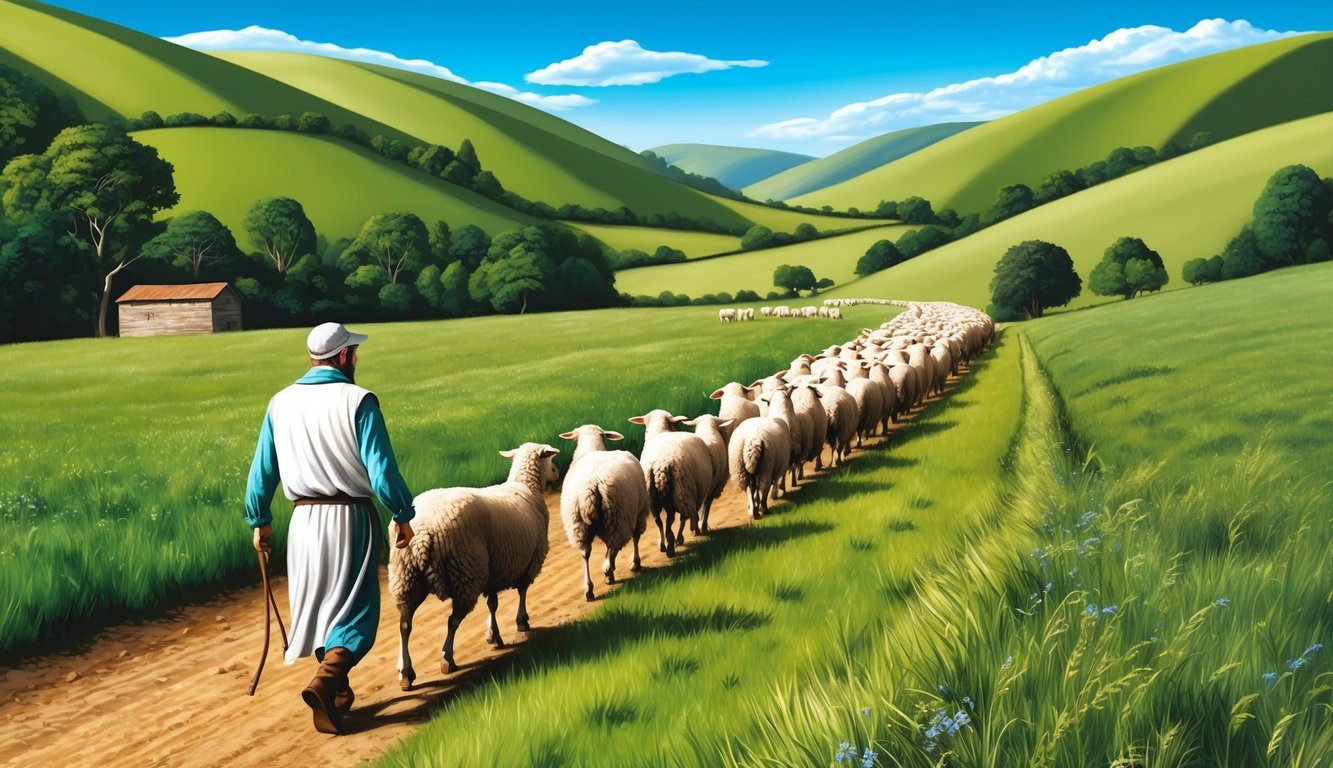 A shepherd leads a flock through a lush, green valley, with rolling hills and a clear, blue sky overhead