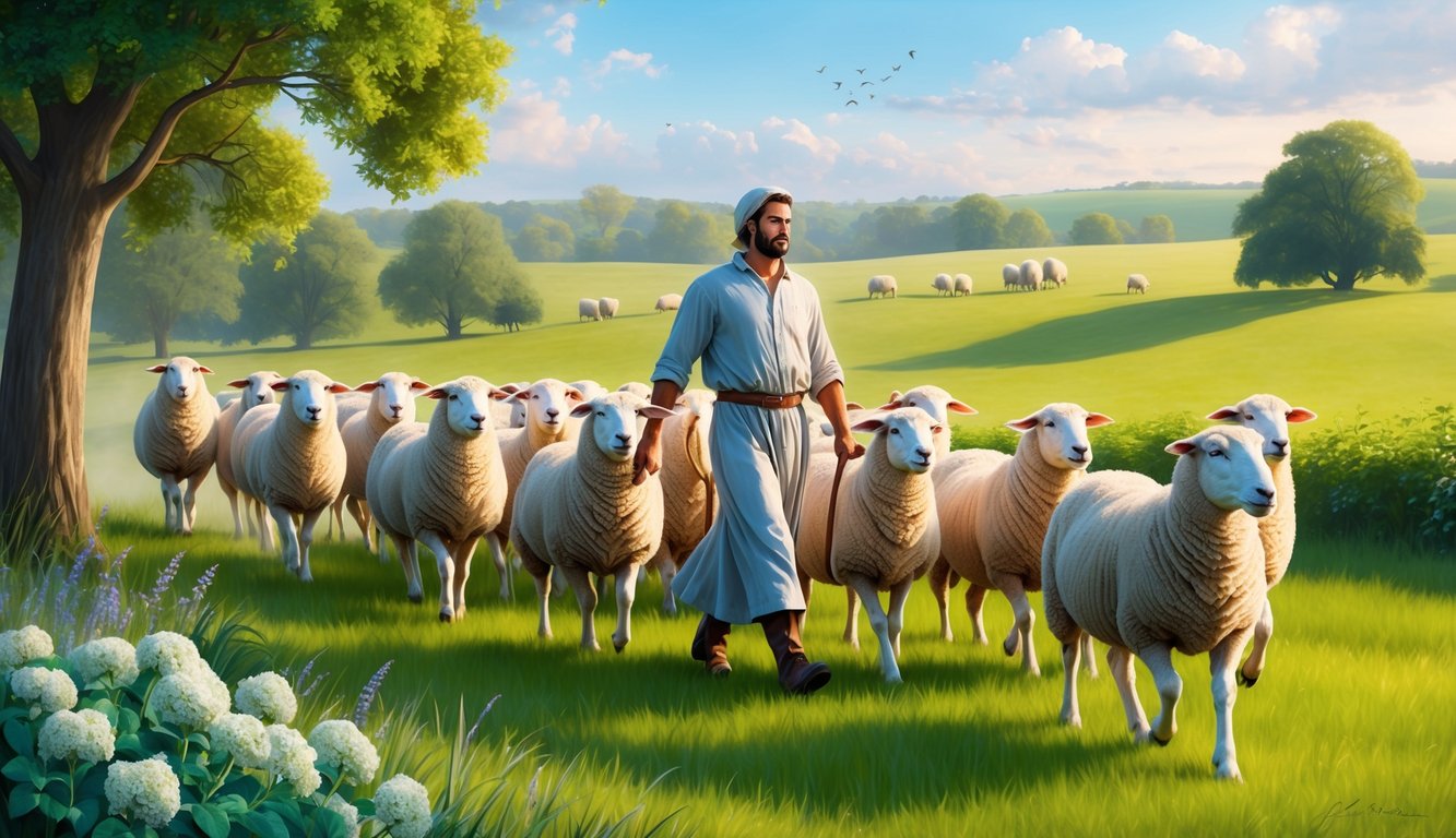 A serene landscape with a shepherd leading a flock of sheep through a lush, green pasture, with a sense of peace and protection