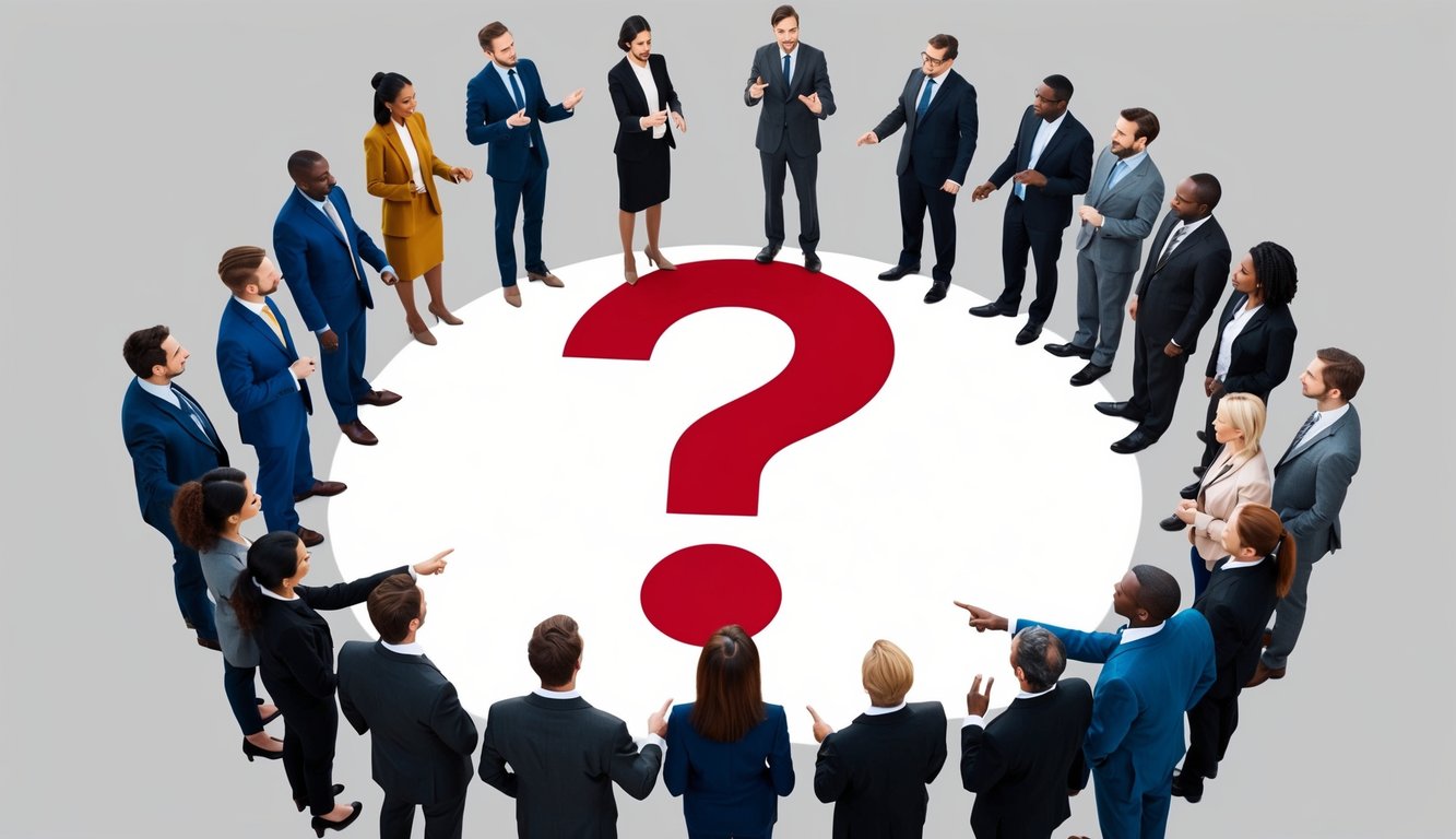 A group of people standing in a circle, pointing and gesturing towards a large question mark symbol