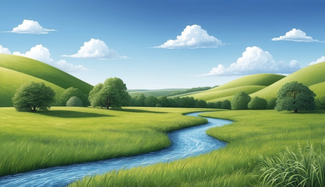 A peaceful meadow with a winding stream, surrounded by lush green hills and a clear blue sky