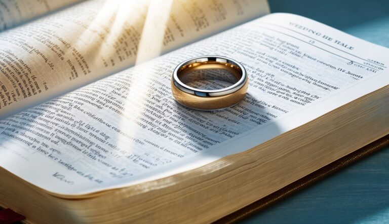Gold wedding ring on an open book with text and sunlight