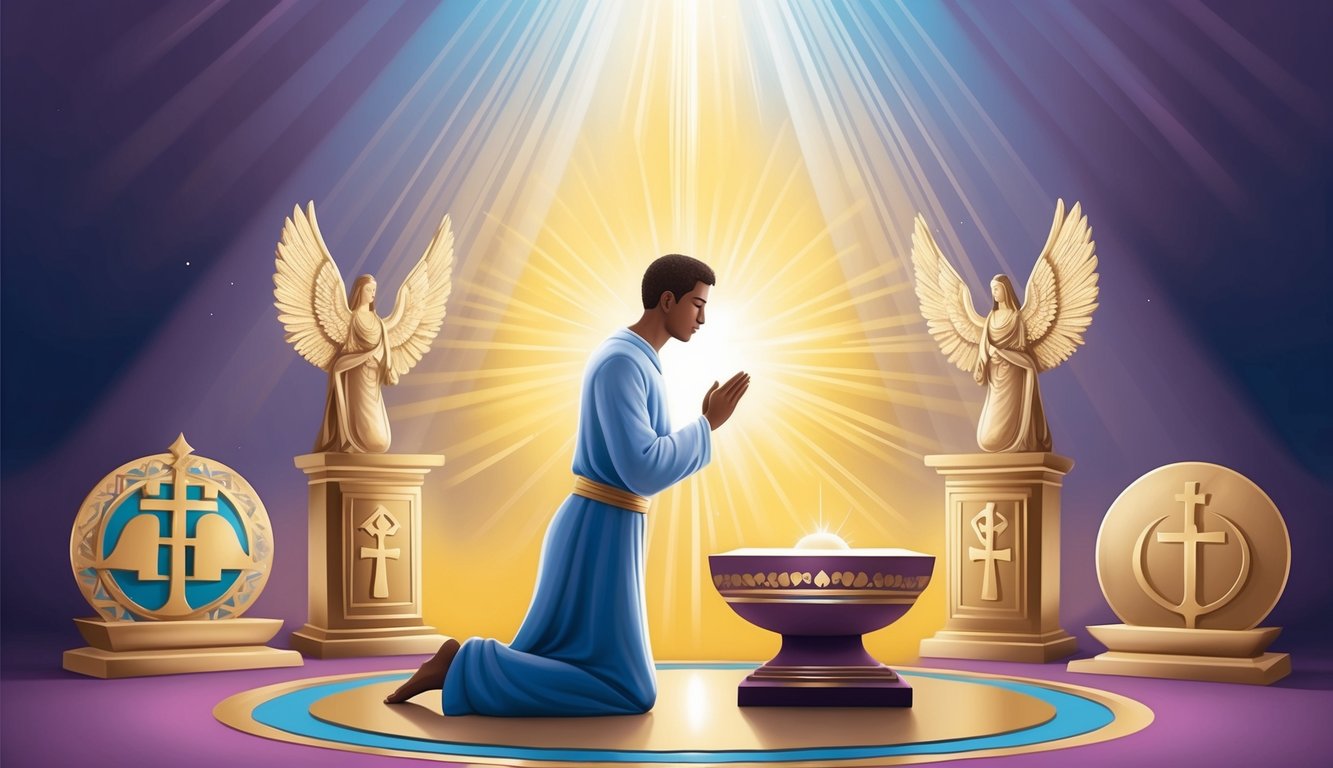 A figure kneeling before a radiant altar, surrounded by symbols of faith and surrender.</p><p>Rays of light emanate from above, conveying a sense of divine presence and spiritual significance