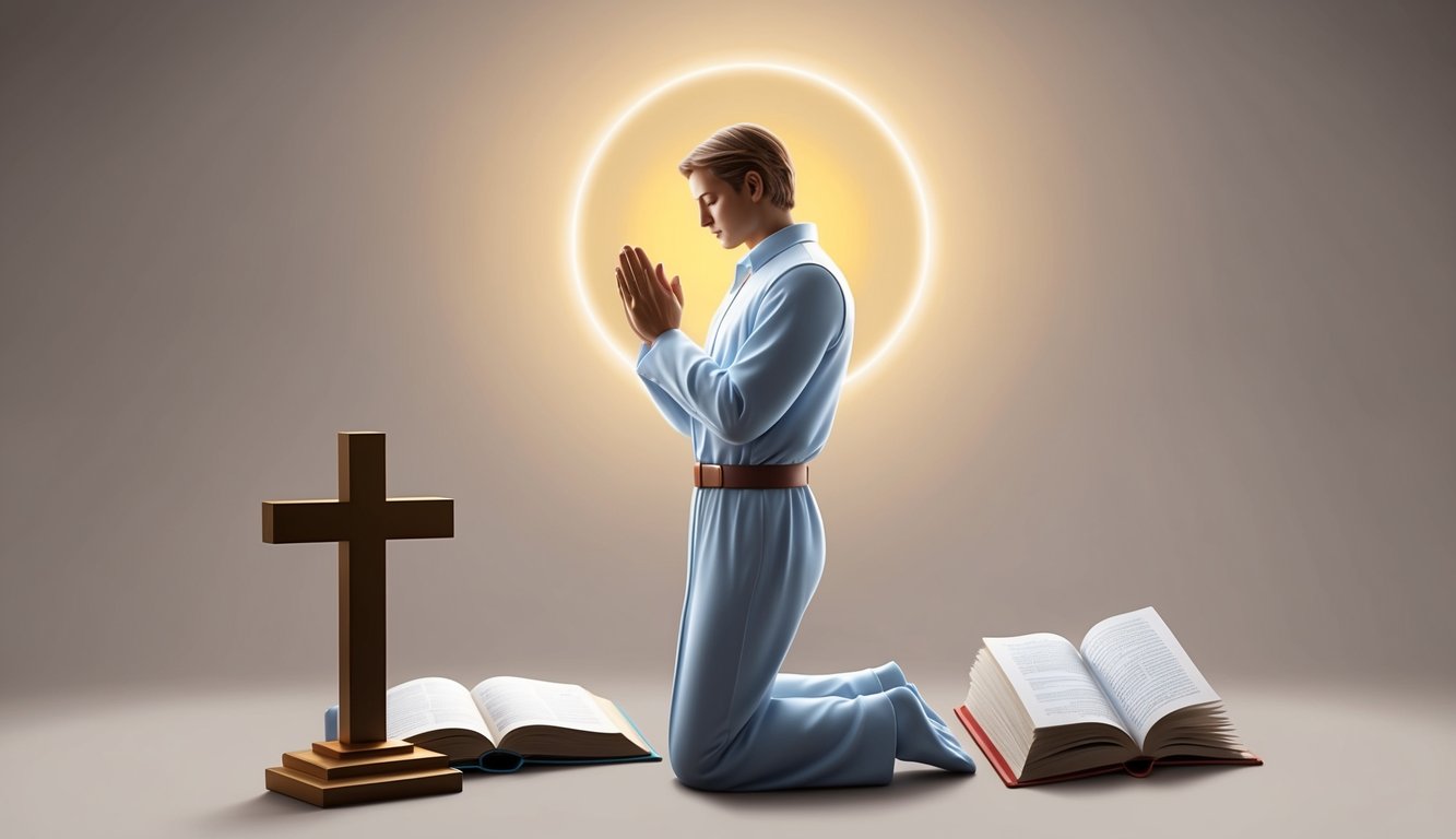 A figure kneeling in prayer, surrounded by symbols of faith and surrender: a cross, an open book, and a glowing halo