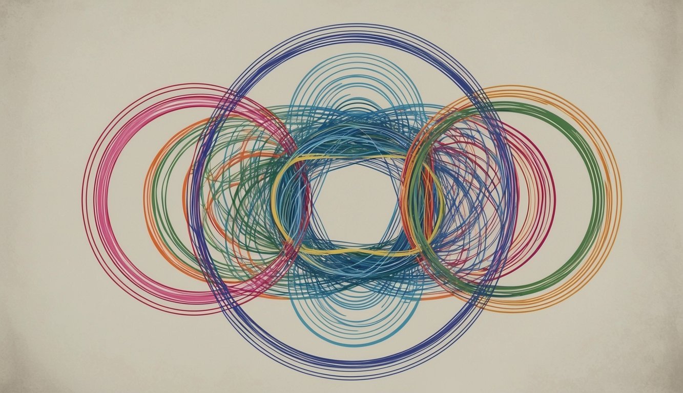 A group of interconnected circles, each representing a different influence, intertwine and surrender to a central focal point