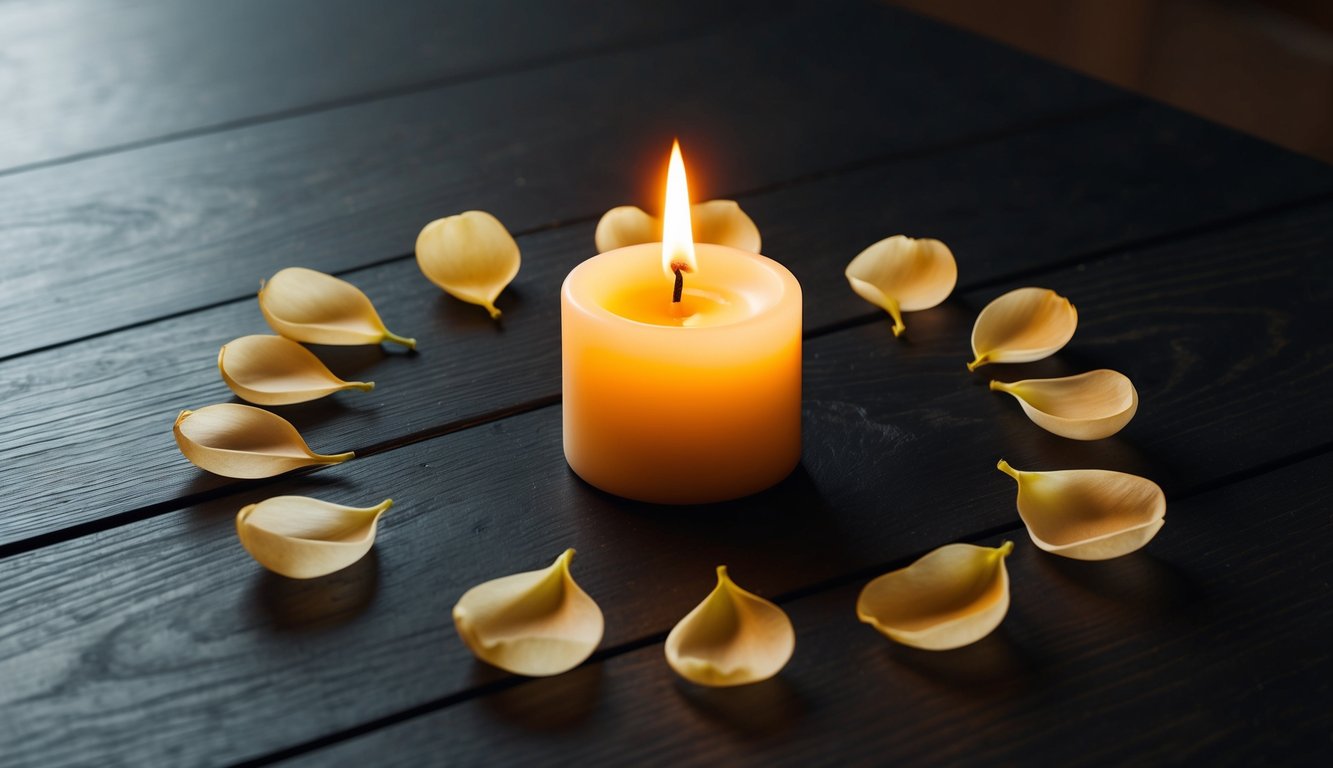 A solitary candle burning on a dark wooden table, surrounded by a circle of softly glowing petals and leaves