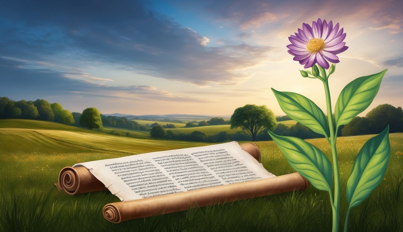 A serene countryside with an ancient scroll and a flowering plant, symbolizing biblical passages relevant to abortion