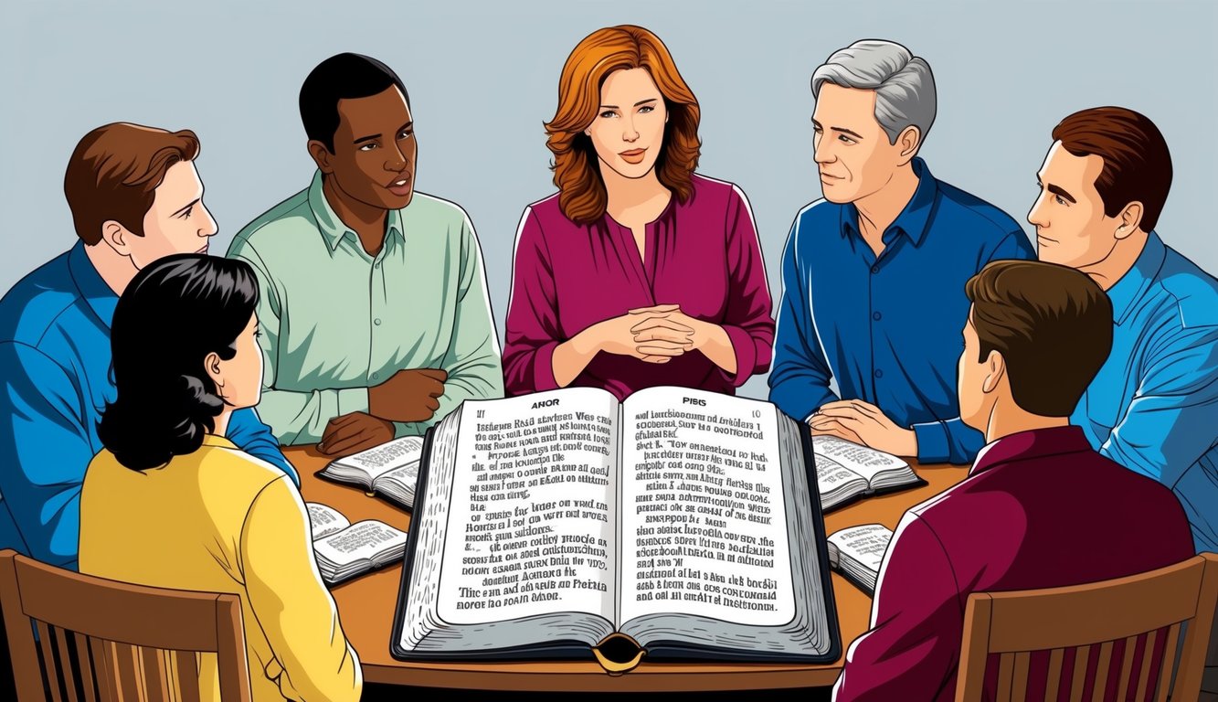 A group of people discussing ethical and religious texts, with a Bible open to verses related to abortion