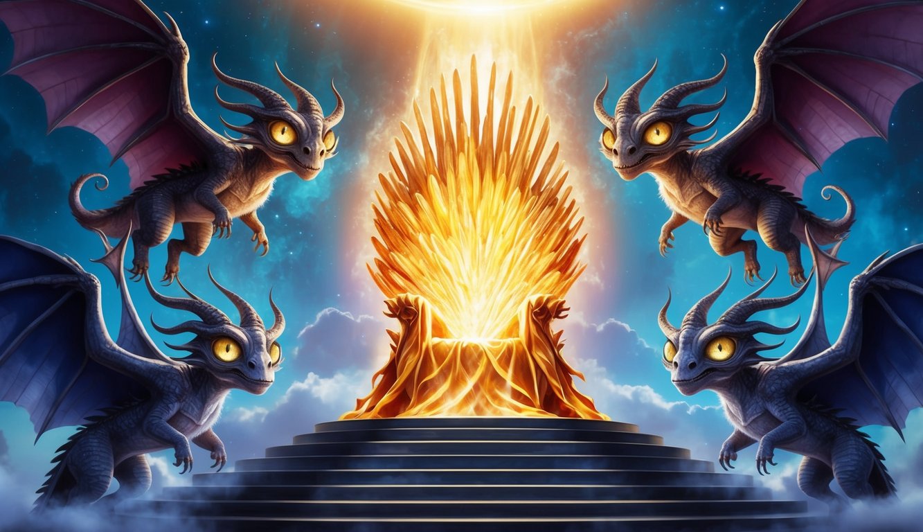 A glowing, celestial throne surrounded by four mysterious, otherworldly creatures with multiple wings and eyes