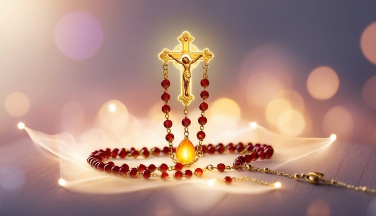 Golden rosary with red beads and a glowing crucifix