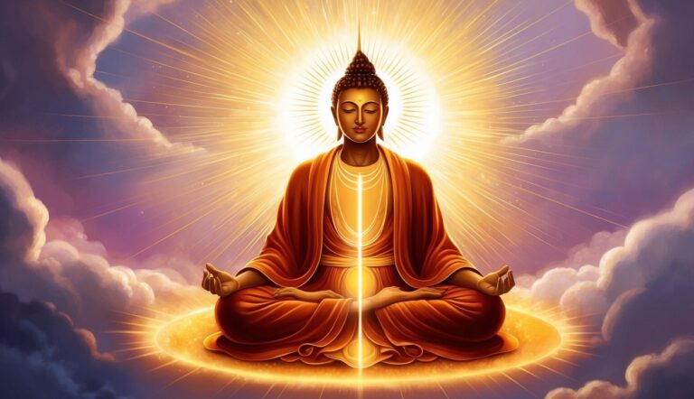 Meditating Buddha with radiant light and clouds in a spiritual illustration