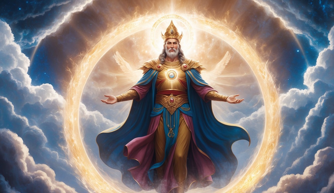 A majestic figure surrounded by celestial light, radiating power and wisdom