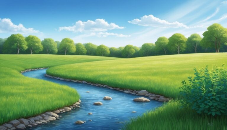 A winding stream flows through a green field under a blue sky